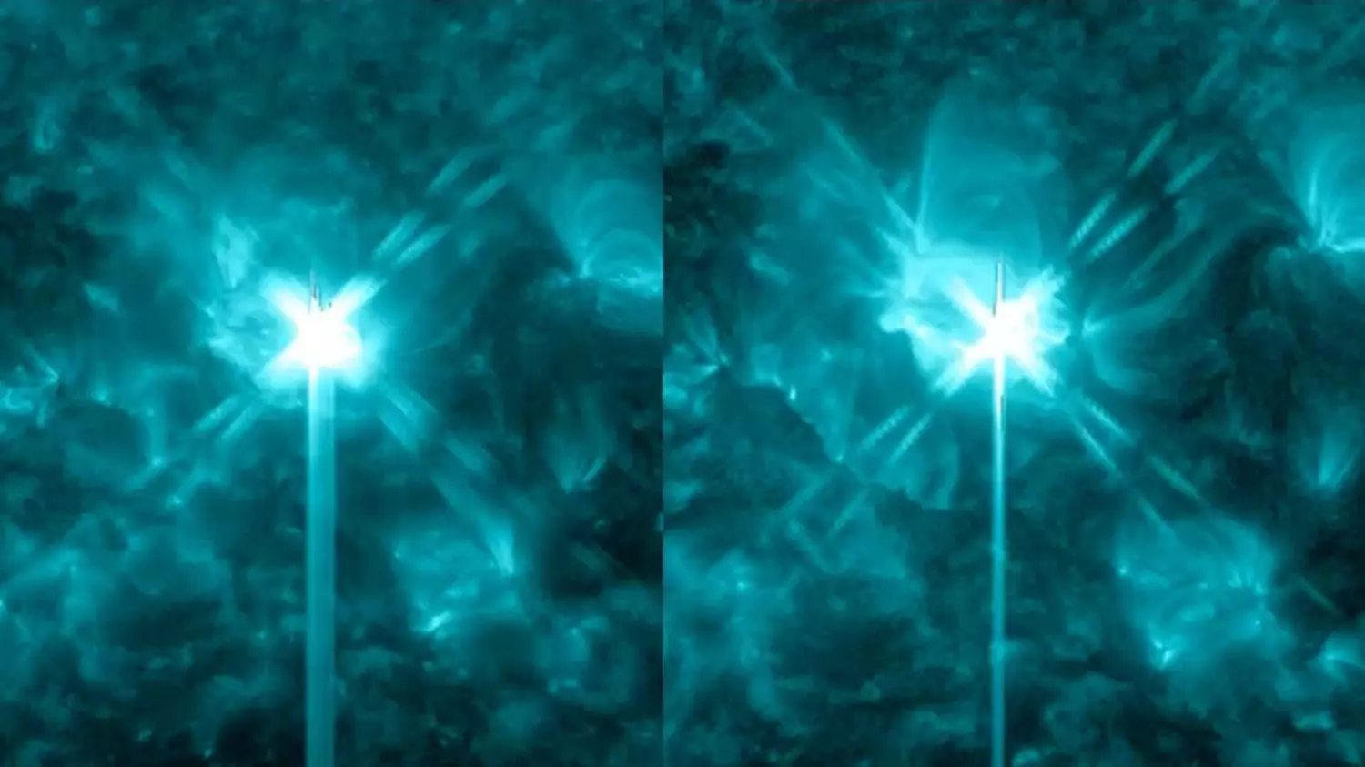 Снимки солнечных вспышек, зафиксированных на поверхности Солнца 3 мая 2024 года. Х-вспышка — слева, М-вспышка — справа
