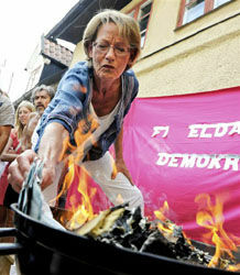 Недовольные низкими зарплатами шведские феминистки сожгли мешок денег