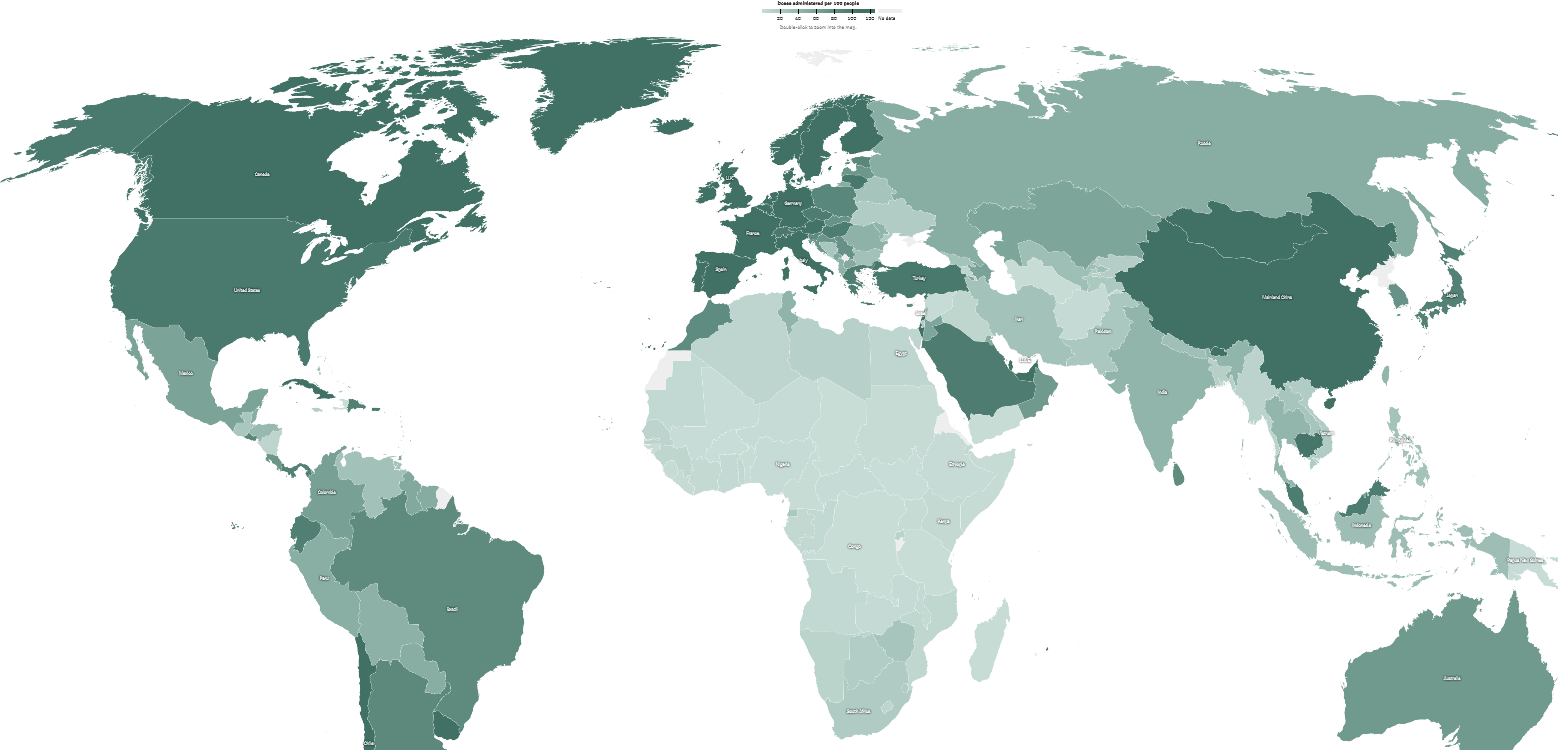 The New York Times опубликовал интерактивную глобальную карту вакцинации