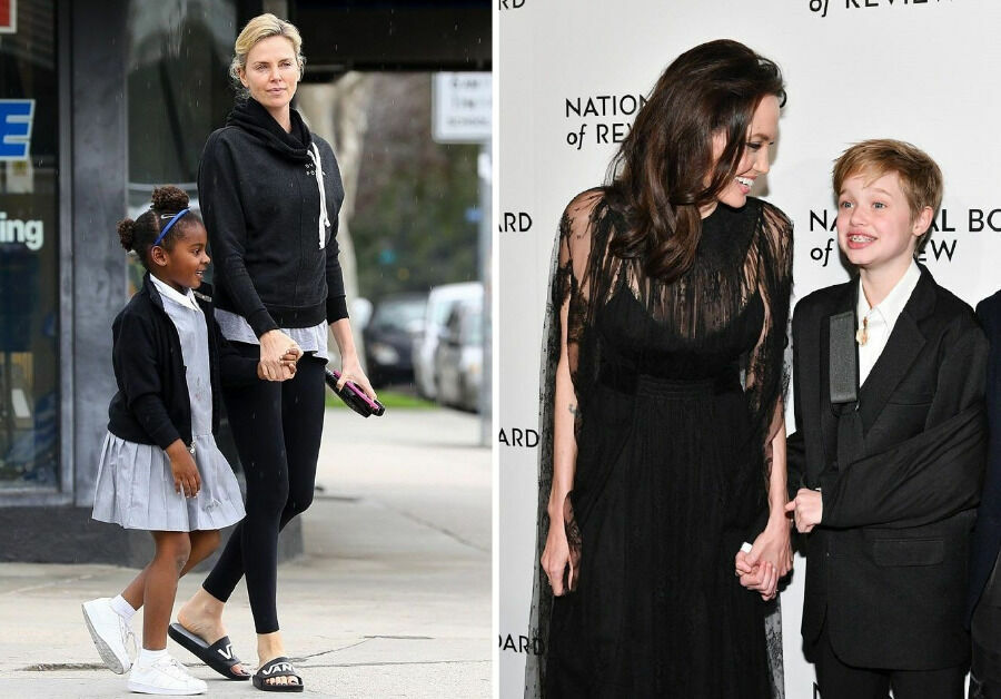 Шарлиз Терон с сыном Джексоном, Анджелина Джоли с дочерью Шайло.