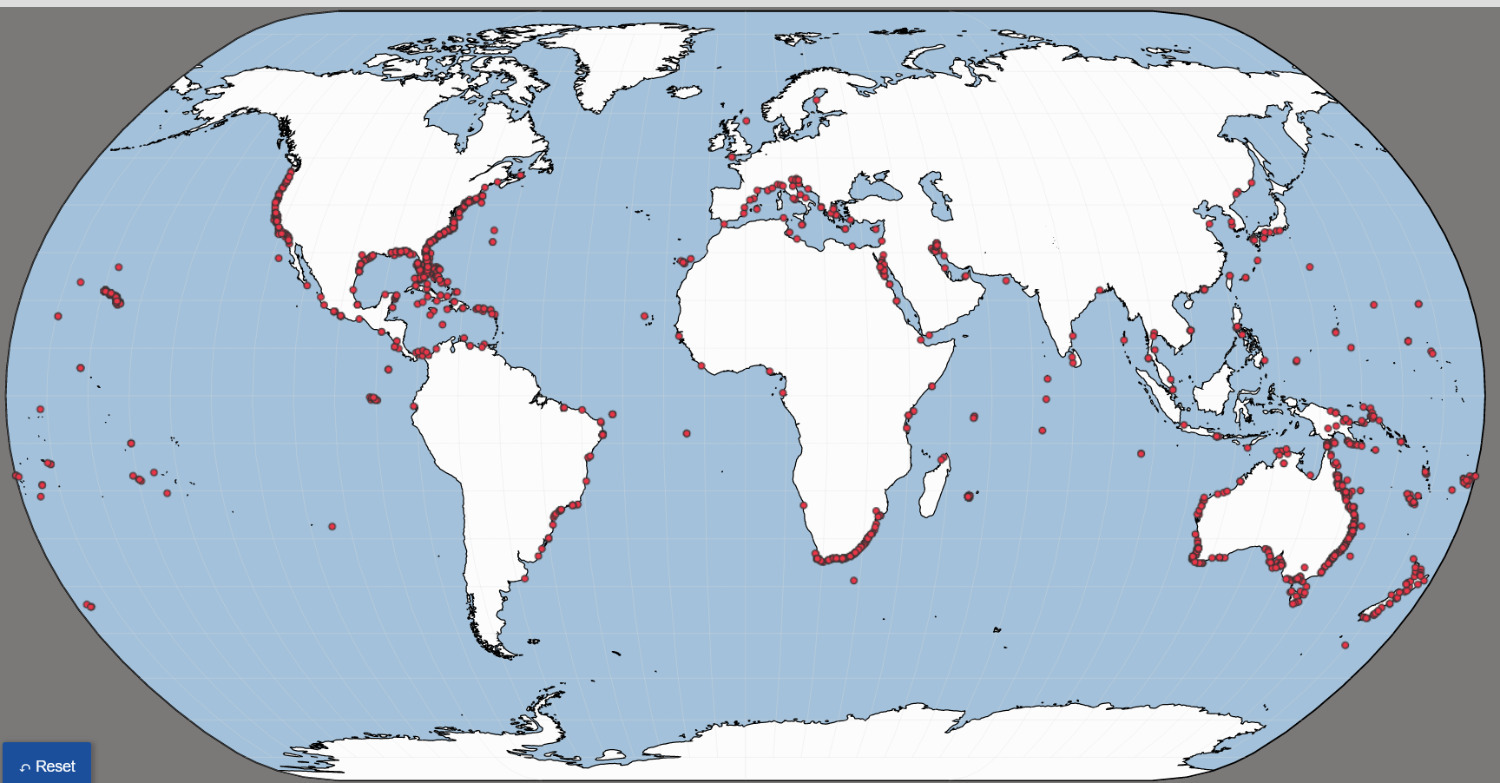 Карта неспровоцированных нападений акул
