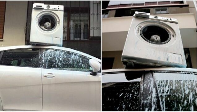 Житель Турции из мести сбросил стиральную машину на авто соседа