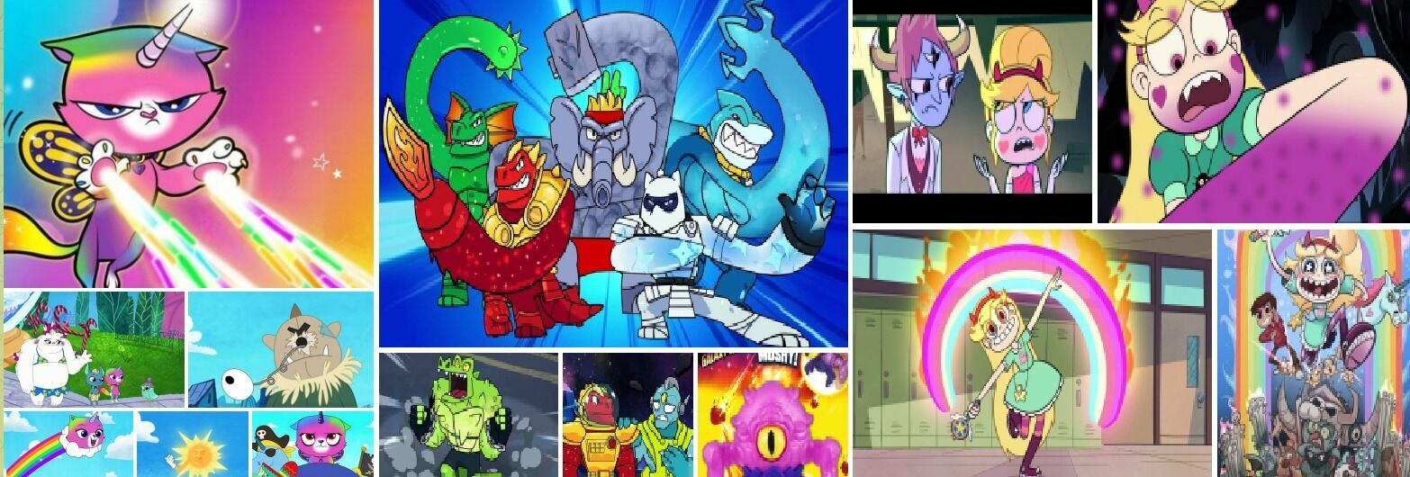 Слева - мультик «Радужно-бабочково-единорожная кошка» (выговорили?) - показывает русская версия Nickelodeon; посередине - "Гуджитсу" (телеканал "Карусель"); справа - «Звёздная принцесса и силы зла» (русская версия Disney). 