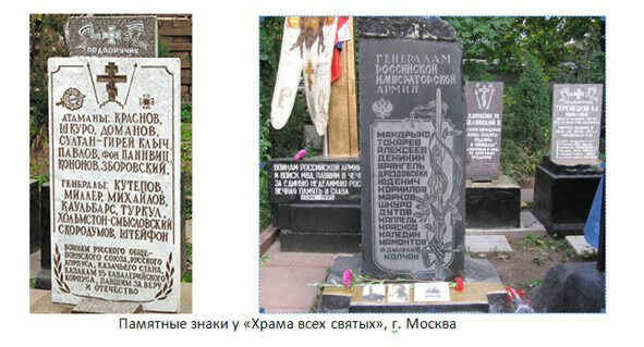 Скромная доска у цервки Всех Святых в память погребенным на Братском кладбище русским генералам.