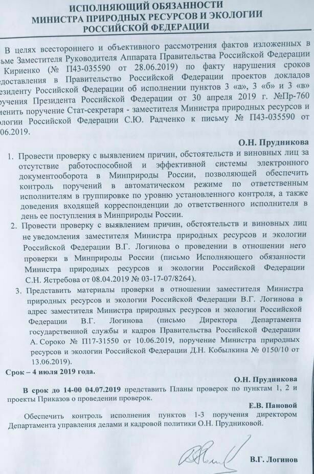 Источник "НИ" предоставил фотокопию приказа  г-на Логинова от 4 июля 2019 года.
