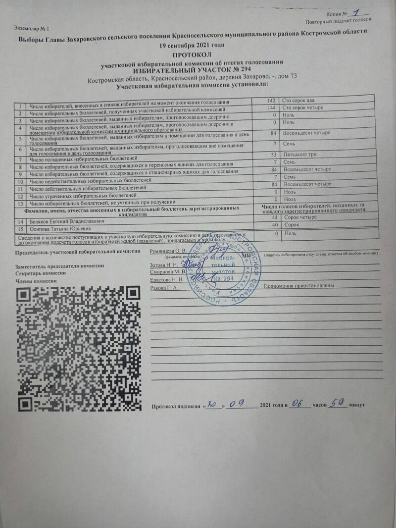 Переписанный протокол об итогах выборов в Захаровском поселении.