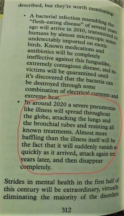 "Приблизительно в 2020 году по всему  миру распространится неизвестная доселе болезнь легких, поражающая  и бронхиальные трубы, и в мире не найдется лекарства, способно вылечить эту заразу".