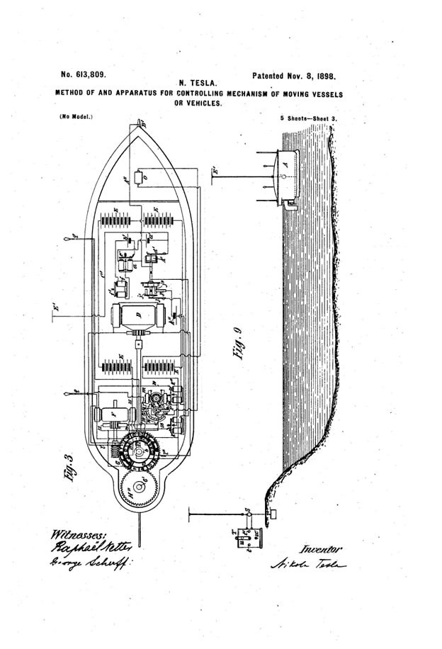 Иллюстрация из патента Николы Теслы с писание беспилотного корабля  