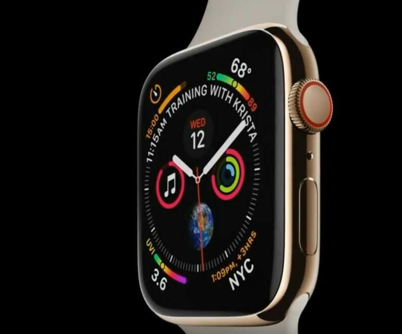 Первая новинка от Apple — Apple Watch Series 4. Экран на треть больше, чем в предыдущих часах. Теперь они сообщают и о повышенном сердцебиении.