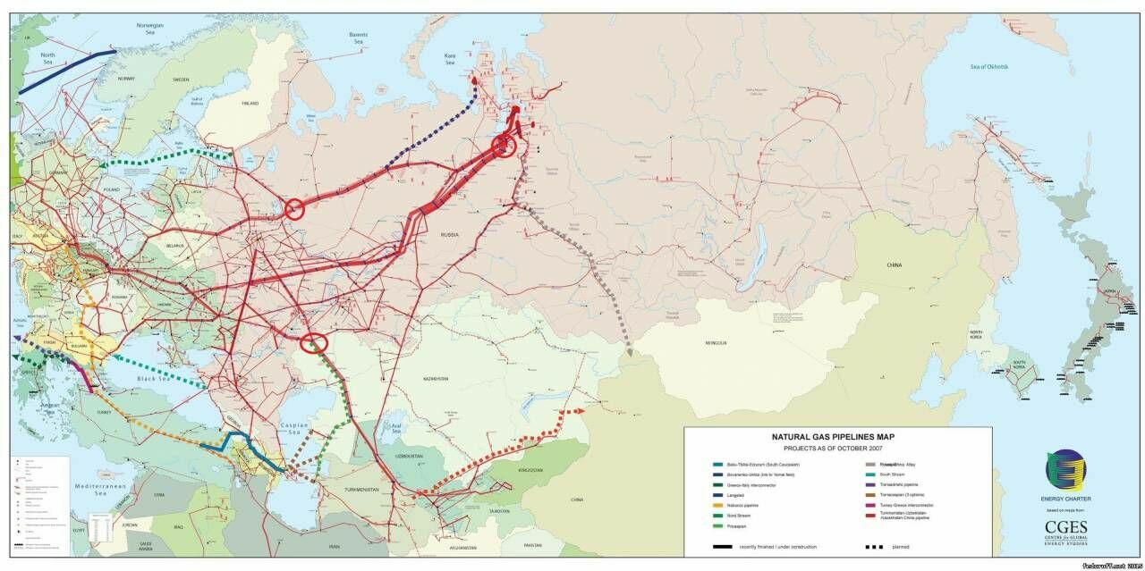Карта магистральных газопроводов России.