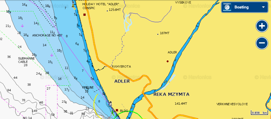 Карта глубин Черного моря у аэропорта Адлер 
