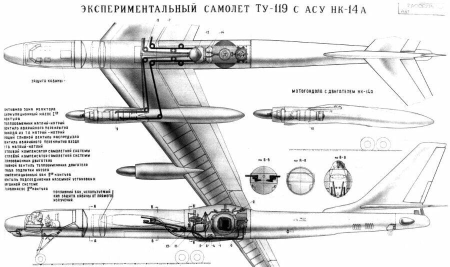 Проект экспериментального самолета Ту-119 с двумя атомными двигателями и двумя обычными турбовинтовыми