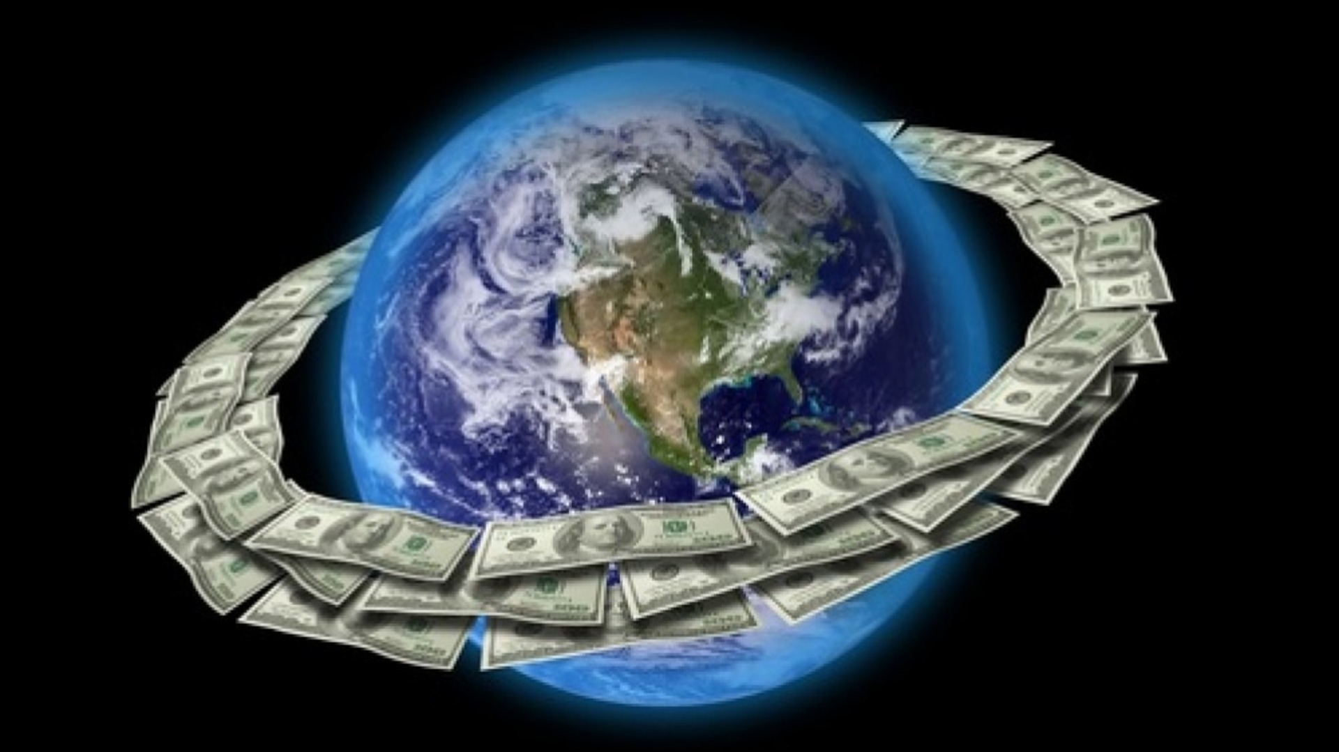 Купюры крутятся. Планета денег. Деньги на земле. Космические деньги. Земной шар и деньги.