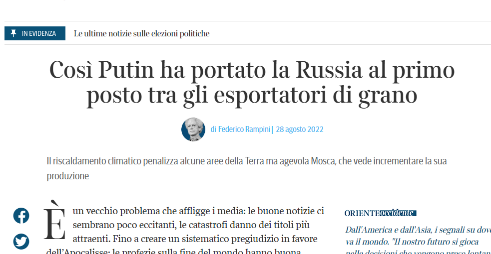 Corriere della Sera: «Сельское хозяйство — «тайный триумф» Путина»