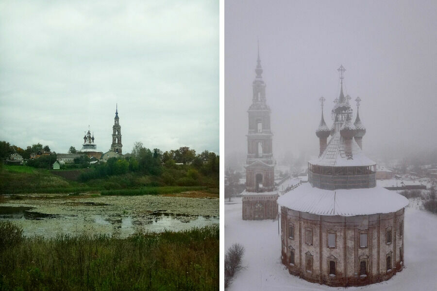 1) Вид на храмовый комплекс с берега речки Курбицы; 2) Так уникальный храм выглядит зимой (Фото Алины Романовой).