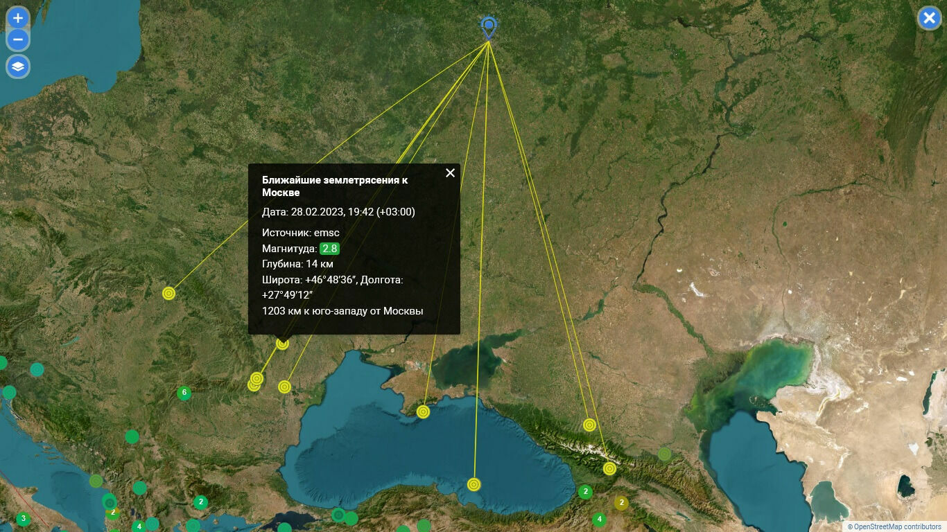 Карта землетрясений, ближайших к Москве