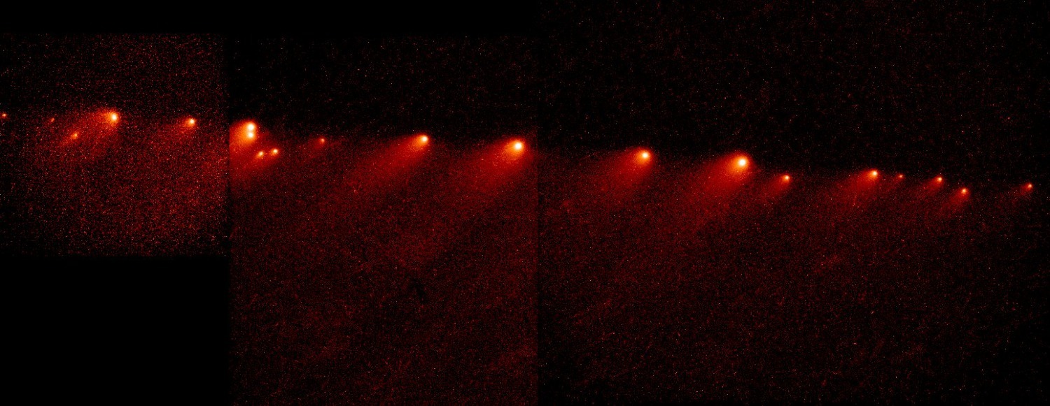 Распад кометы Шумейкеров-Леви 9 на множество фрагментов перед падением на Юпитер (так образуются кометные ливни)