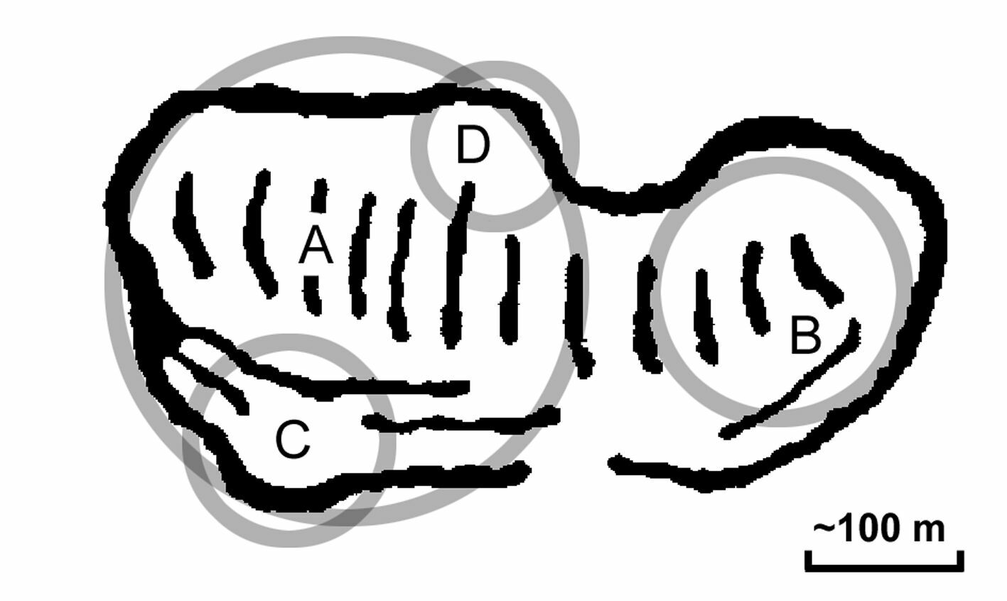 Рисунок Тунгусского космического тела в полете, сделанный очевидцем Т.Н.Науменко.(размеры четырех фрагментов кометы A,B,C,D добавил А.Е.Злобин )