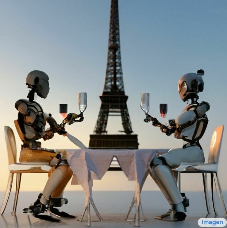 Пара роботов изысканно ужинает на фоне Эйфелевой башни.