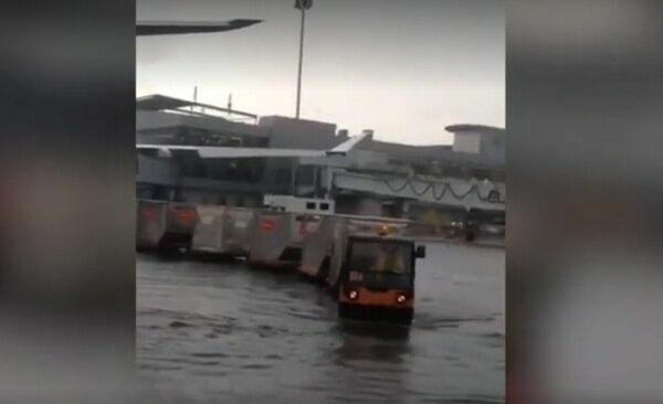 Затопило не только дороги, ведущие к Шереметьеву, но и территорию самого аэропорта. Обслуживающий транспорт медленно проезжает по воде, а самолёты стоят в огромных лужах.