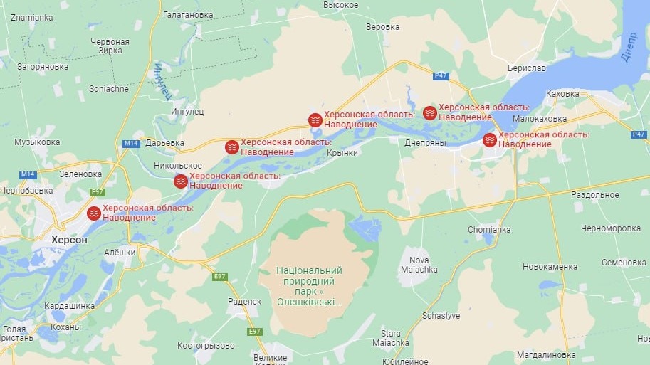 Наводнение на месте взрыва Каховской ГЭС отметили на Google-картах