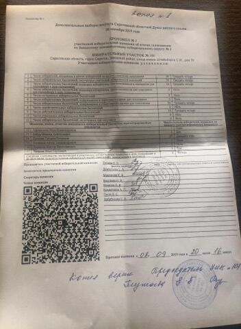 Протокол, подтверждающий 100%-ую явку избирателей  в Саратовской областной психиатрической больнице.