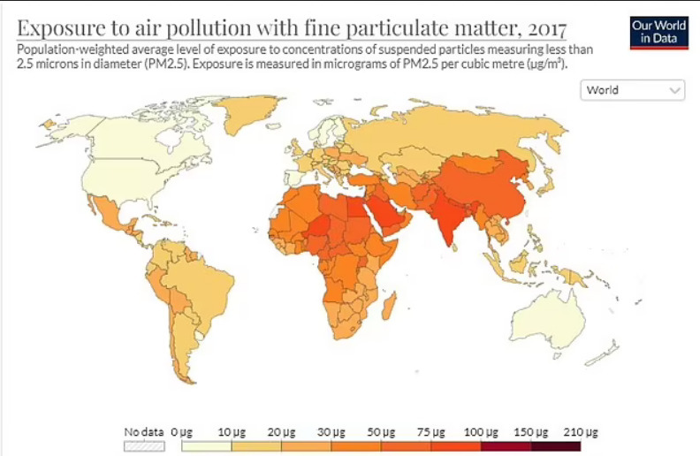 Чем бледнее страна на карте, тем благополучнее там ситуация с загрязнением воздуха.