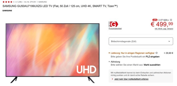 Цена на телевизор Samsung c LED-экраном в торговой сети MediaMarkt в Германии 