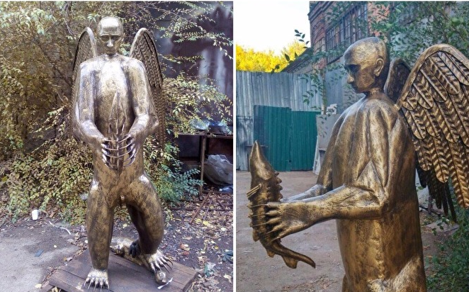 Астраханец выковал скульптуру Путина в образе крылатого медведя с осетром в лапах