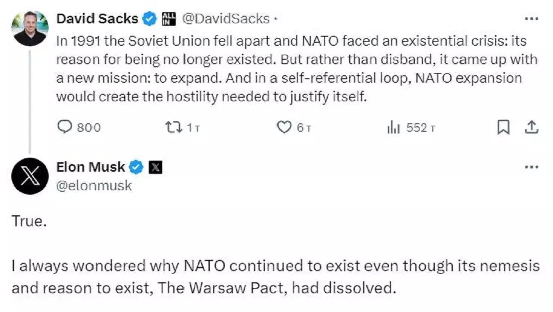 Дэвид Сакс и Илон Маск о расформировании НАТО.