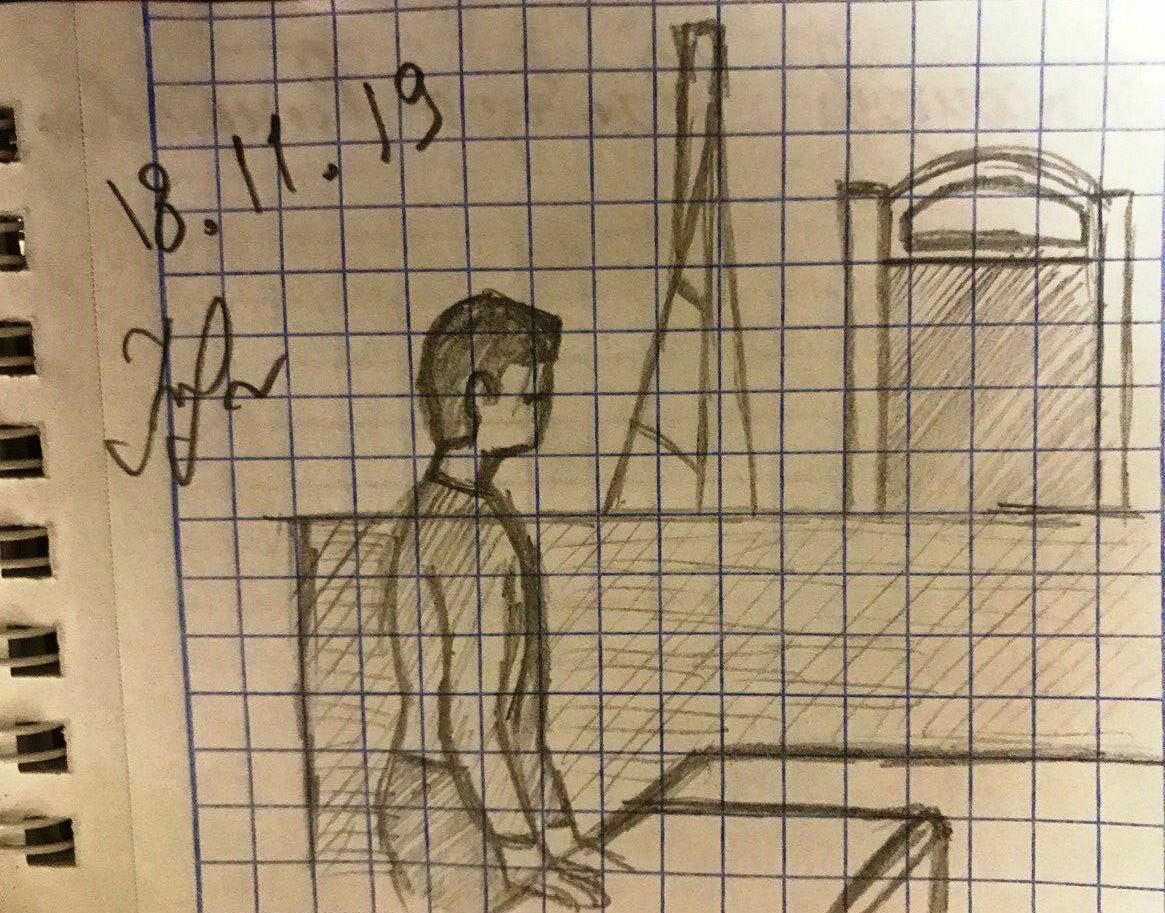Рисунок подруги Егора Лесных из зала суда, 18 ноября 2019г. 