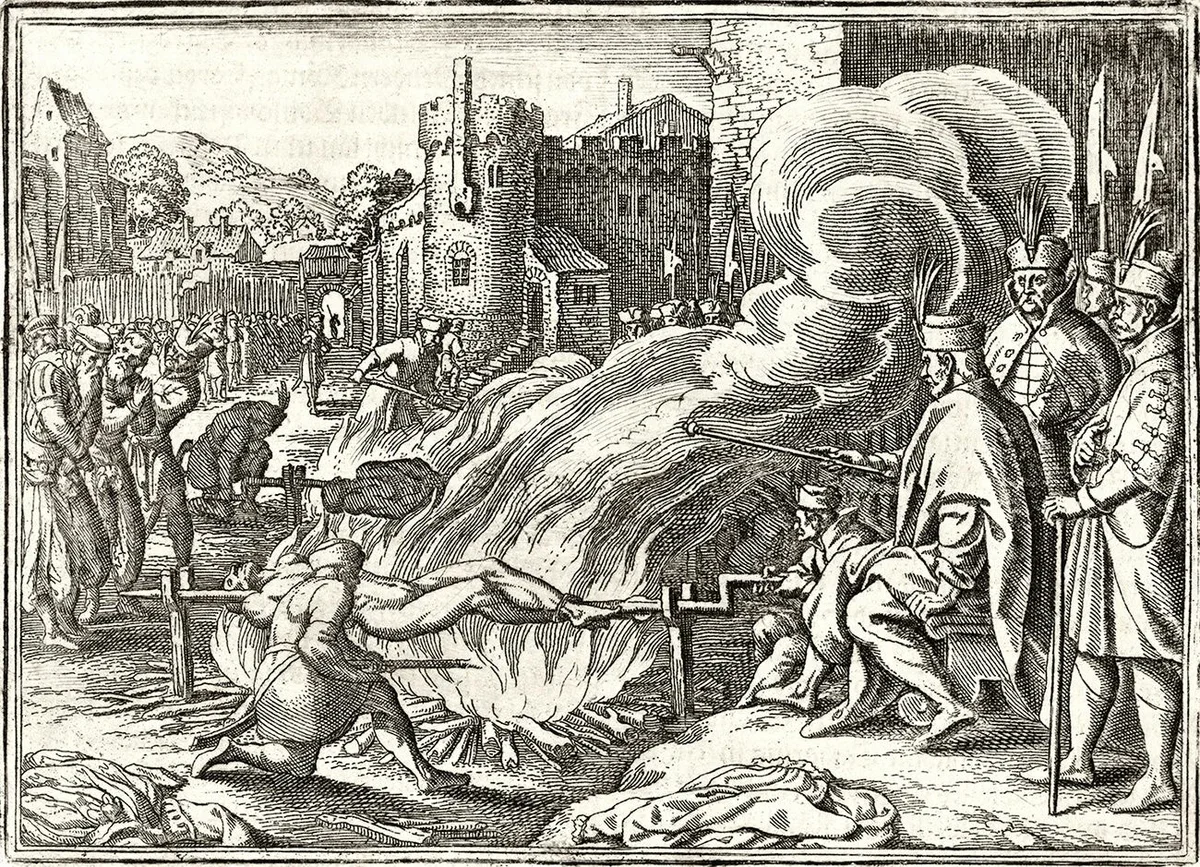 Иван Грозный пытает своих врагов в Ливонии (немецкая гравюра, XVII век)