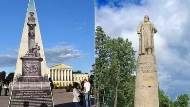 Старый (1851 г., макет) и новый (1967 г.) памятники Ивану Сусанину в Костроме