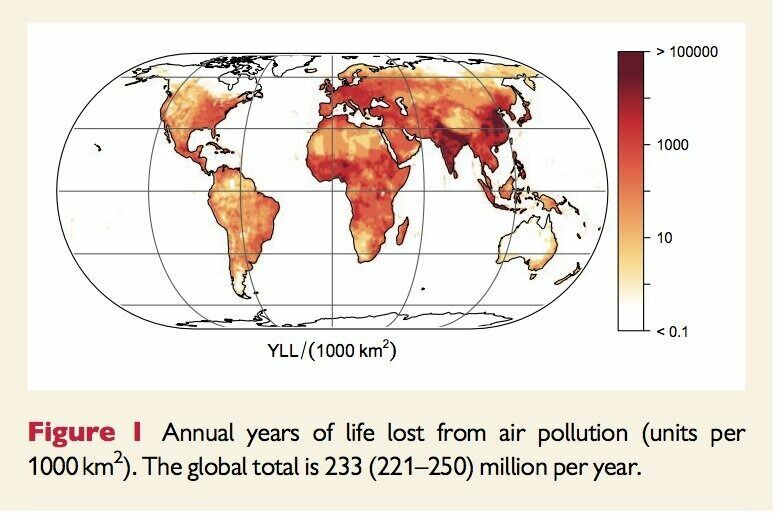 Карта мира, на которой показана смертность от загрязнения воздуха